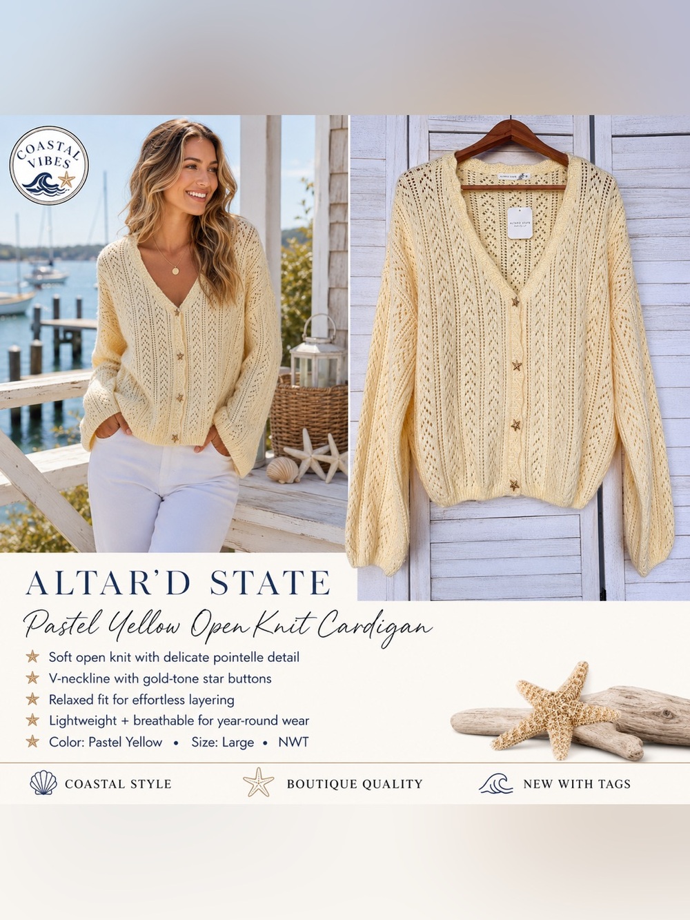 NWT Altar’d State Starfish Button Pointelle Cardigan L